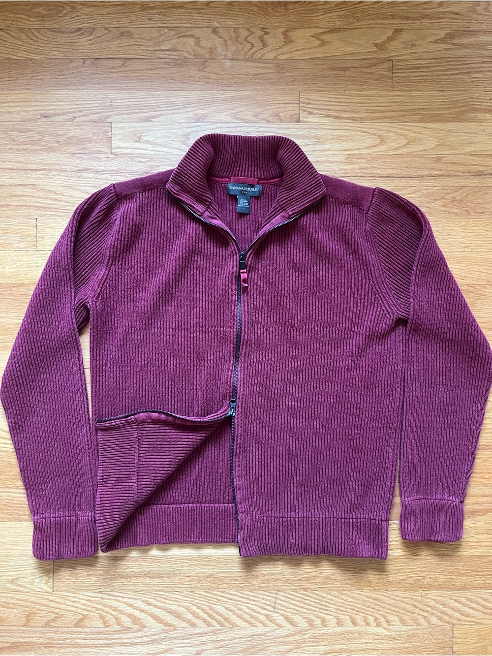 90s Banana Republic Linen Blend Full-Zip Ribbed Cardigan Sweater Burgundy L⁠